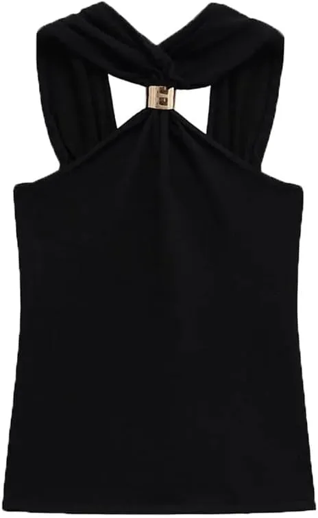 Women's Fashion Knit Halterneck Tank Top Wide Straps Camisole Female Top