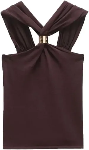 Women's Fashion Knit Halterneck Tank Top Wide Straps Camisole Female Top