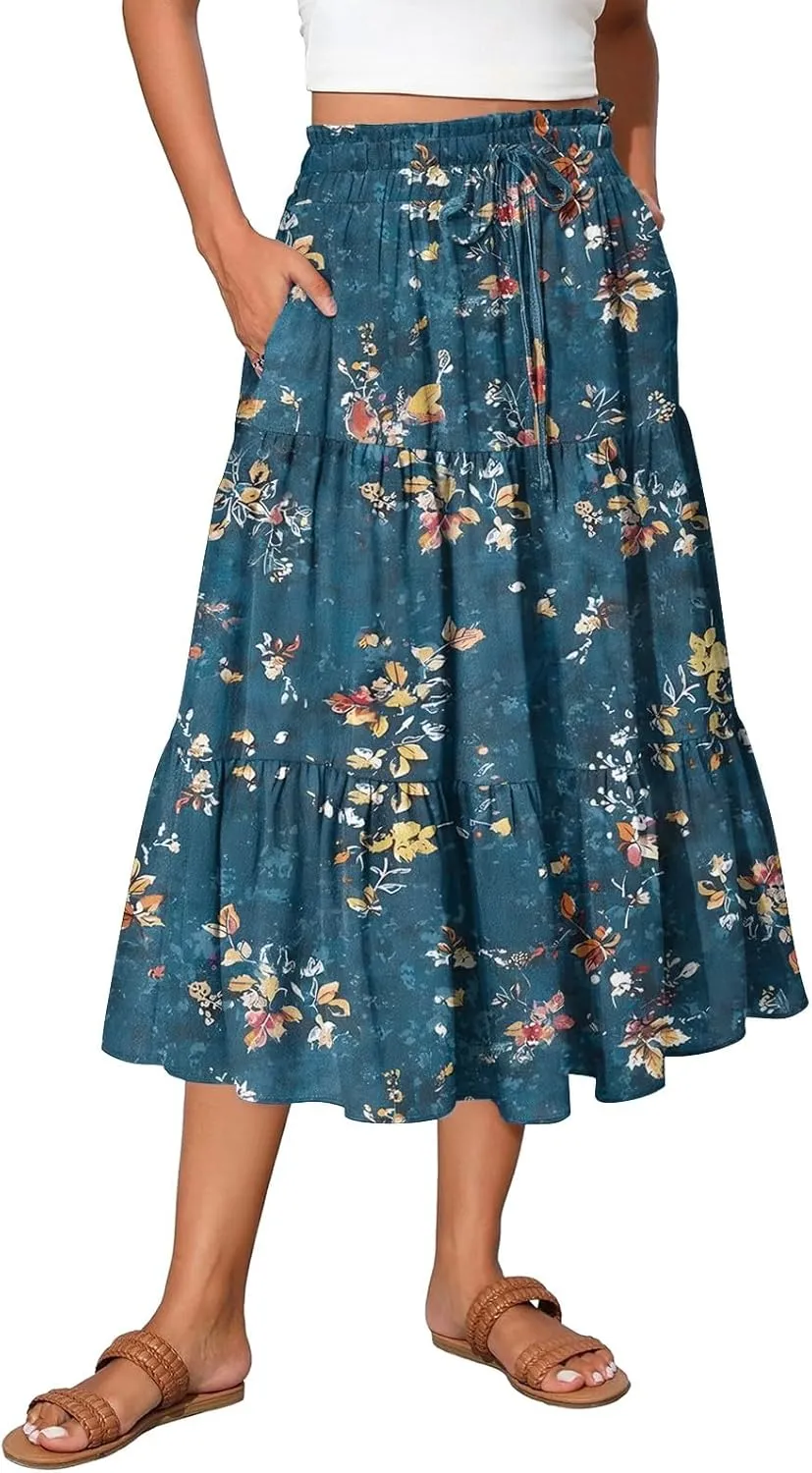 Womens Floral Printed Boho Midi Skirt Elastic High Waisted Pleated Flowy Summer Swing A-Line Skirts with Pockets