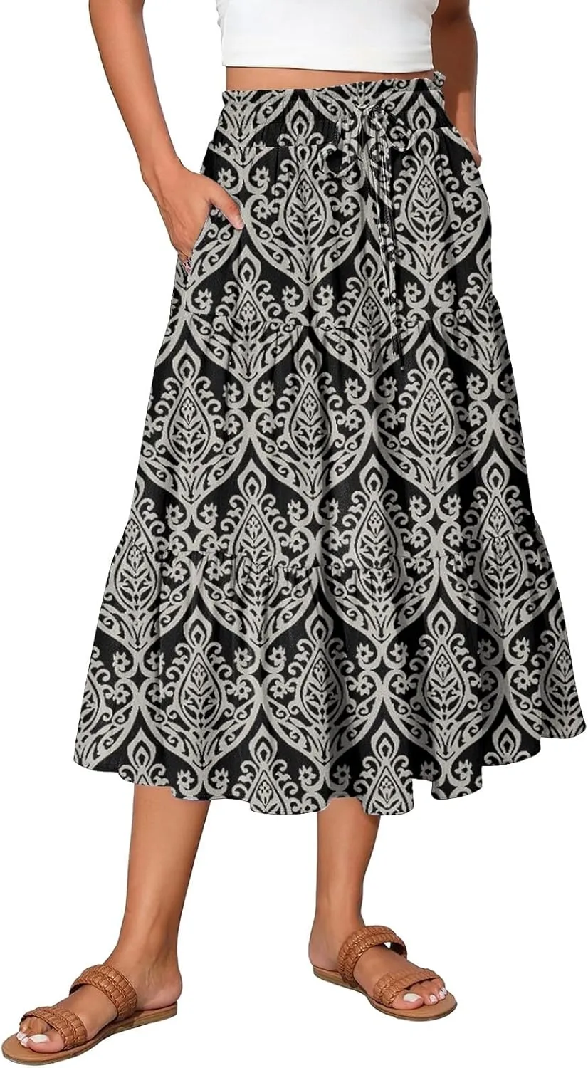 Womens Floral Printed Boho Midi Skirt Elastic High Waisted Pleated Flowy Summer Swing A-Line Skirts with Pockets