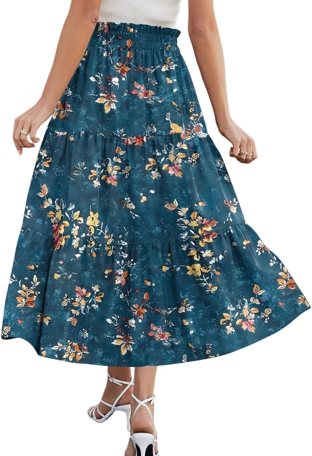 Womens Floral Printed Boho Midi Skirt Elastic High Waisted Pleated Flowy Summer Swing A-Line Skirts with Pockets