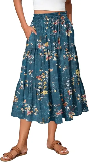 Womens Floral Printed Boho Midi Skirt Elastic High Waisted Pleated Flowy Summer Swing A-Line Skirts with Pockets