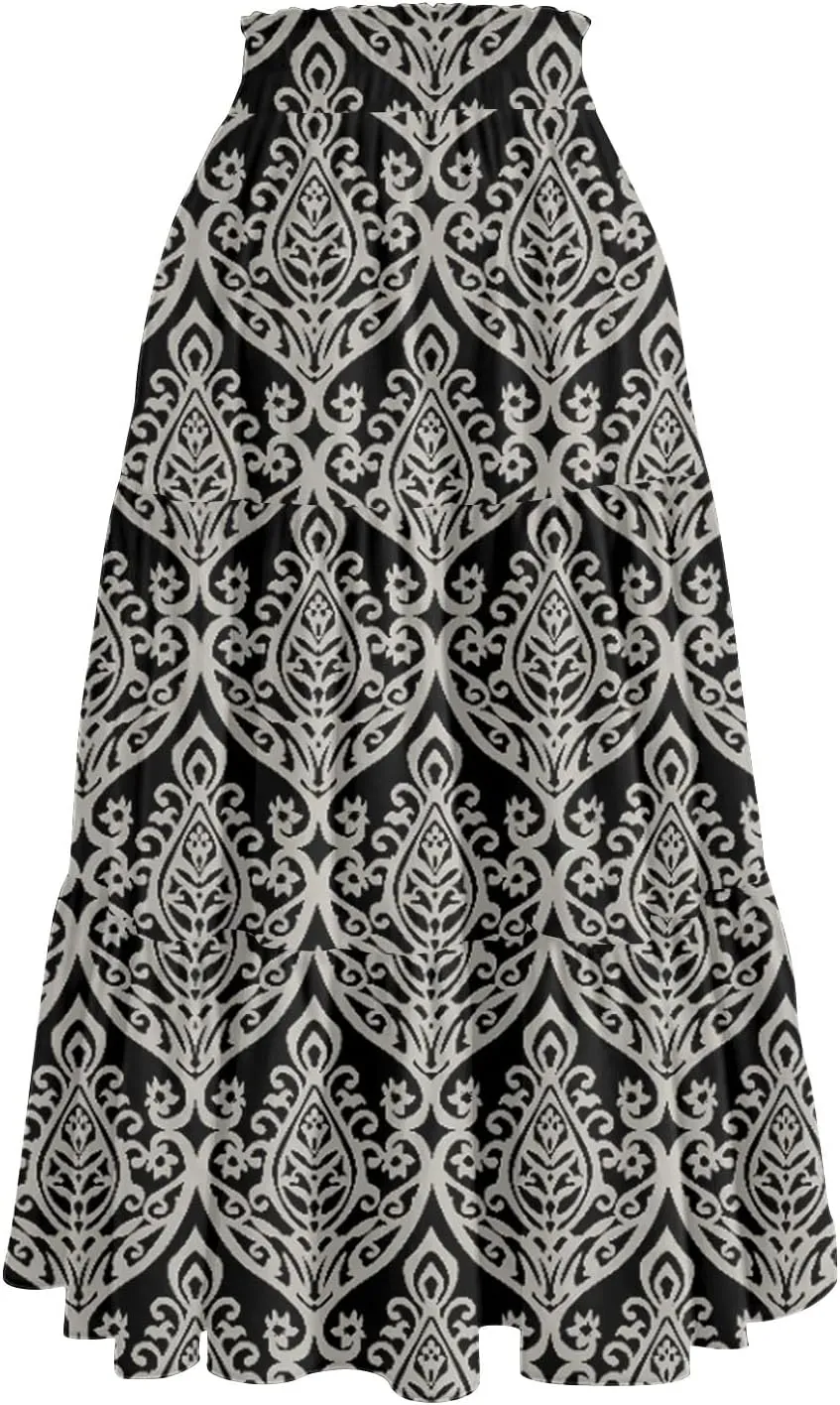 Womens Floral Printed Boho Midi Skirt Elastic High Waisted Pleated Flowy Summer Swing A-Line Skirts with Pockets
