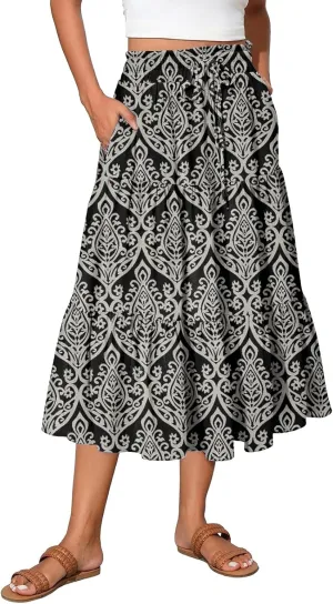 Womens Floral Printed Boho Midi Skirt Elastic High Waisted Pleated Flowy Summer Swing A-Line Skirts with Pockets