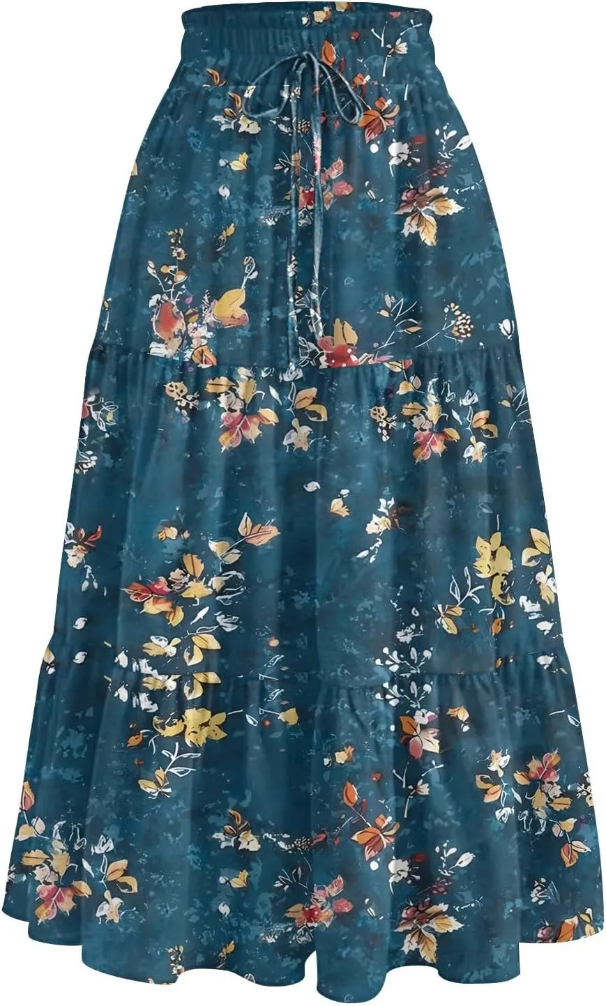 Womens Floral Printed Boho Midi Skirt Elastic High Waisted Pleated Flowy Summer Swing A-Line Skirts with Pockets