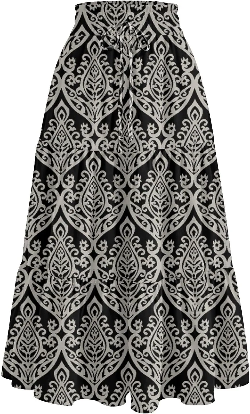 Womens Floral Printed Boho Midi Skirt Elastic High Waisted Pleated Flowy Summer Swing A-Line Skirts with Pockets