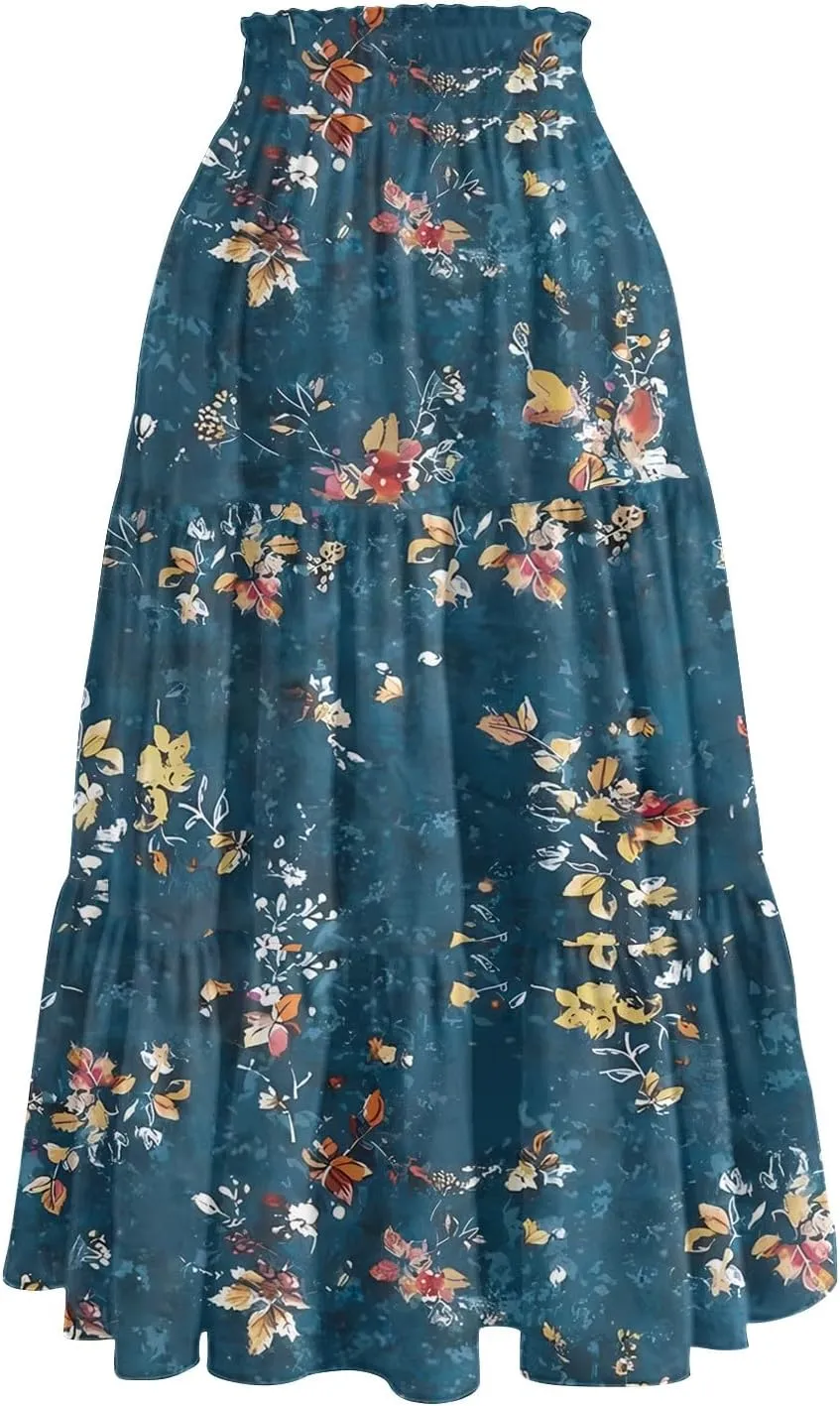 Womens Floral Printed Boho Midi Skirt Elastic High Waisted Pleated Flowy Summer Swing A-Line Skirts with Pockets