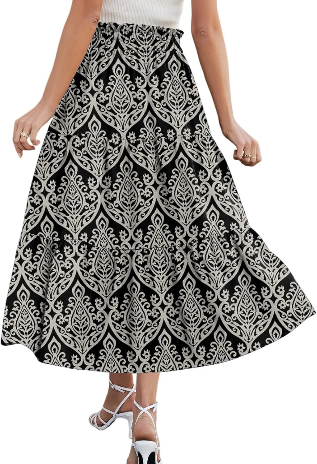 Womens Floral Printed Boho Midi Skirt Elastic High Waisted Pleated Flowy Summer Swing A-Line Skirts with Pockets