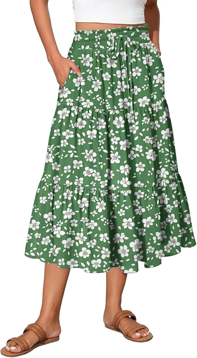 Women's Flowy Midi Skirt Pleated High Elastic Waisted Casual Vacation Resort Long Skirts with Pockets, S-2XL