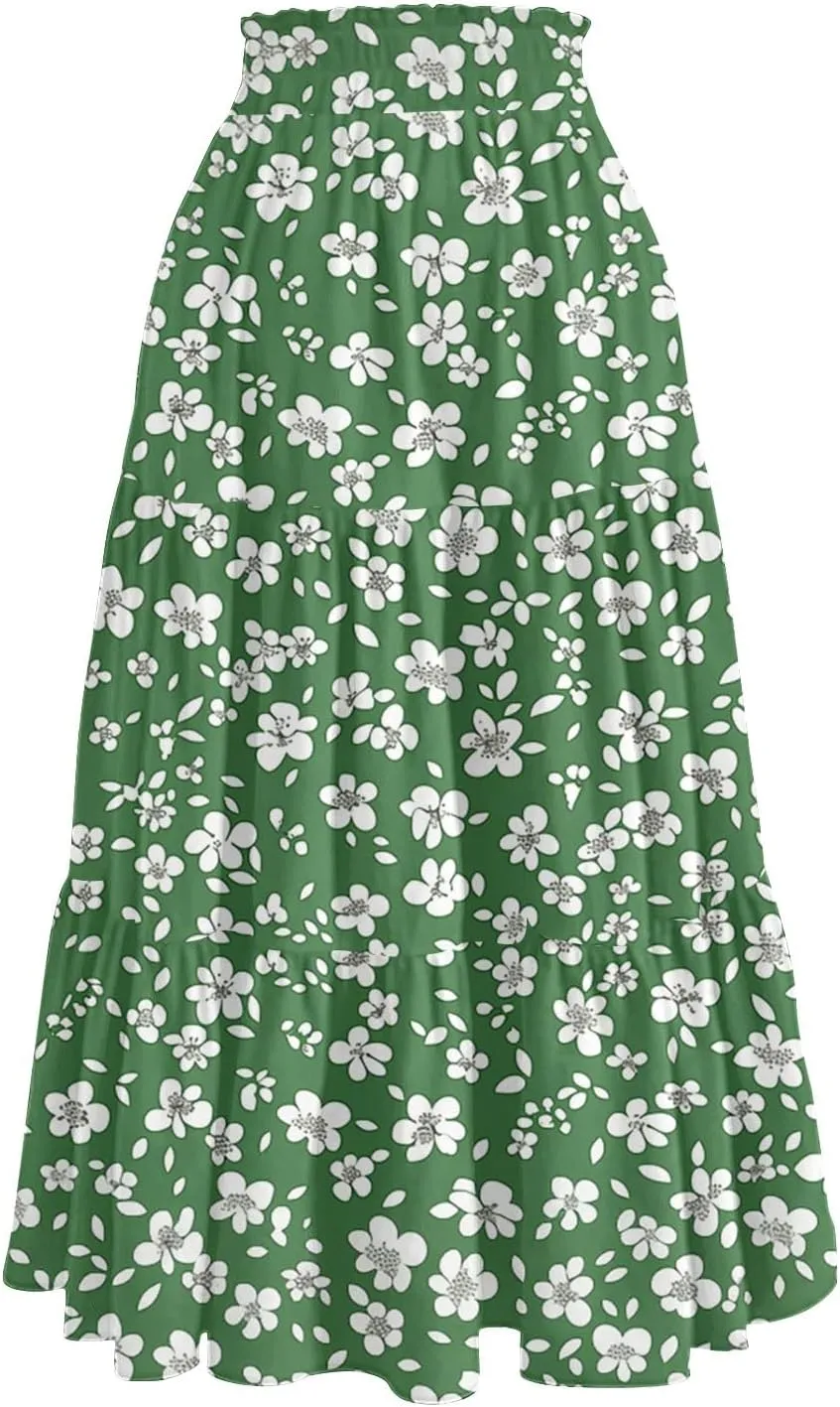 Women's Flowy Midi Skirt Pleated High Elastic Waisted Casual Vacation Resort Long Skirts with Pockets, S-2XL