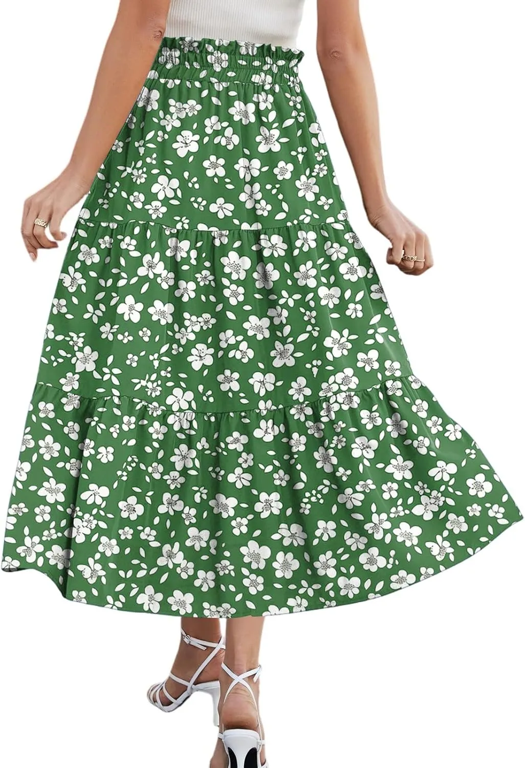 Women's Flowy Midi Skirt Pleated High Elastic Waisted Casual Vacation Resort Long Skirts with Pockets, S-2XL