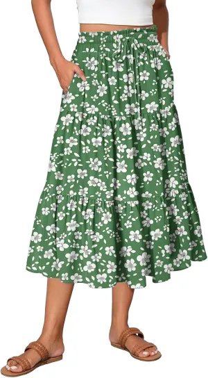 Women's Flowy Midi Skirt Pleated High Elastic Waisted Casual Vacation Resort Long Skirts with Pockets, S-2XL