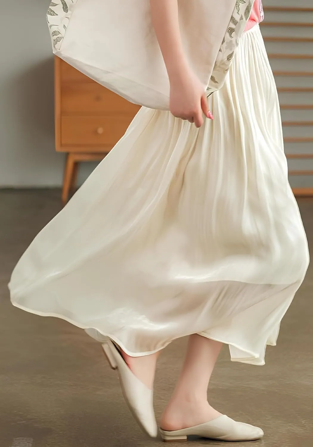 Women's High Waist Pleated A-Line Midi Skirt Double Layer Elastic Waist Shiny Swing Skirt