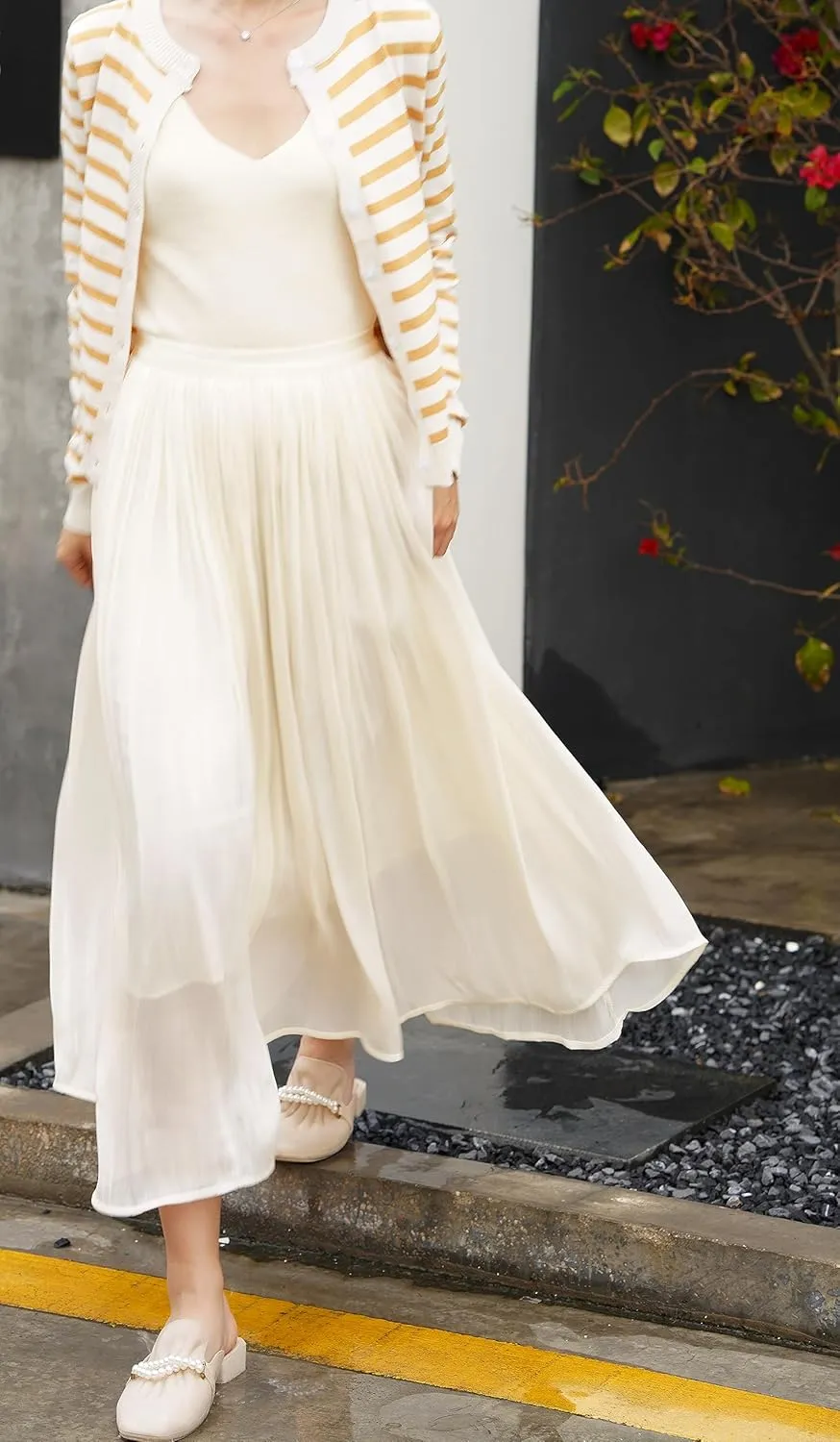 Women's High Waist Pleated A-Line Midi Skirt Double Layer Elastic Waist Shiny Swing Skirt