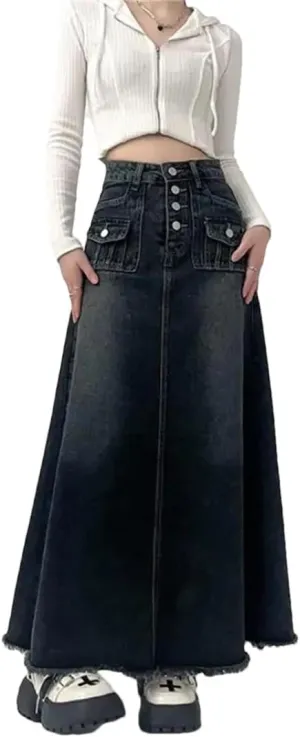 Women's High-Waisted Cargo Denim Skirt Long A-Line Mid-Length Skirt Retro Raw Edge Female Clothing Style Skirt