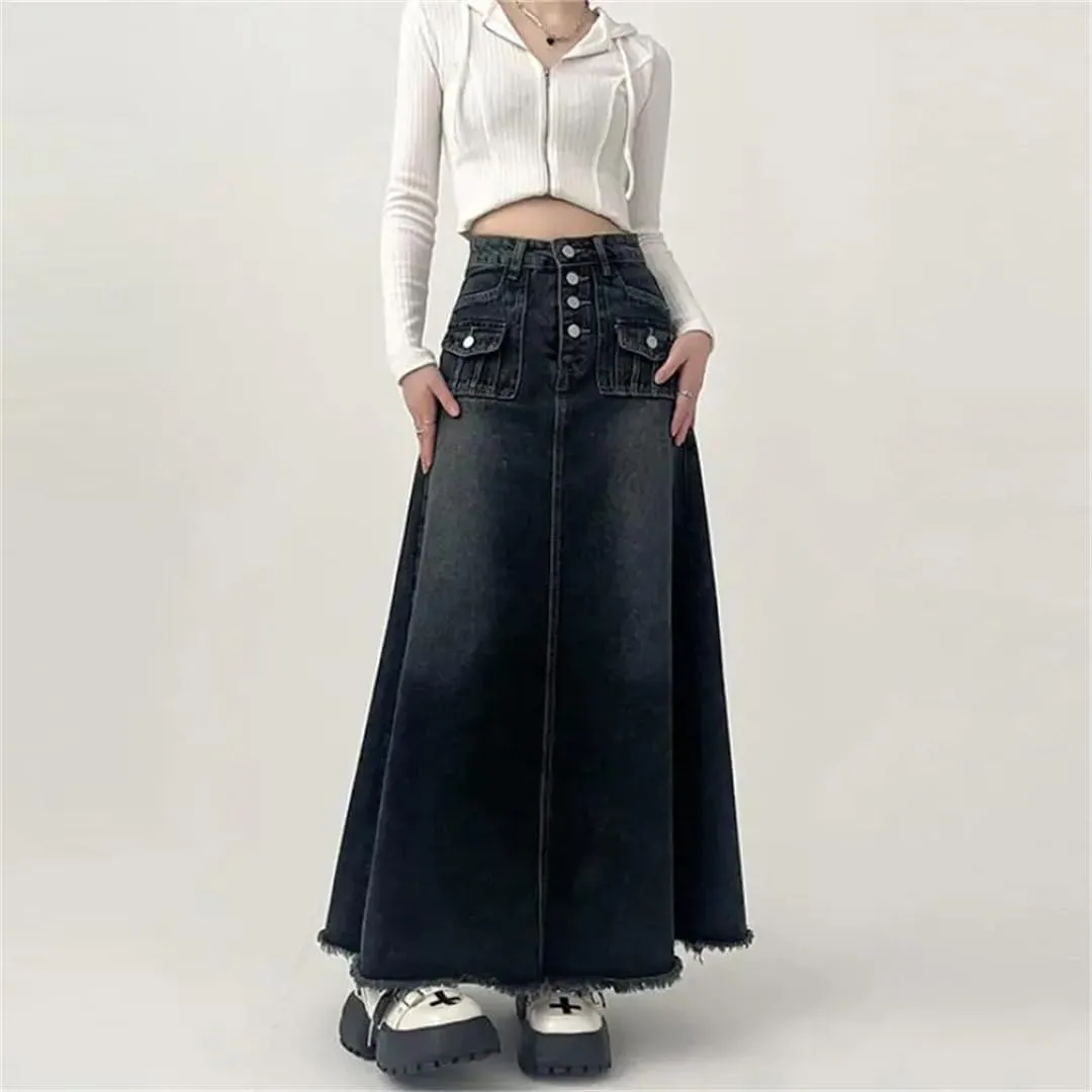Women's High-Waisted Cargo Denim Skirt Long A-Line Mid-Length Skirt Retro Raw Edge Female Clothing Style Skirt
