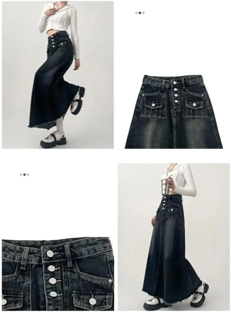 Women's High-Waisted Cargo Denim Skirt Long A-Line Mid-Length Skirt Retro Raw Edge Female Clothing Style Skirt