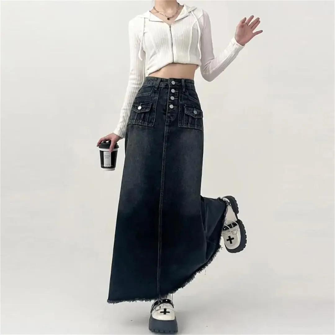 Women's High-Waisted Cargo Denim Skirt Long A-Line Mid-Length Skirt Retro Raw Edge Female Clothing Style Skirt