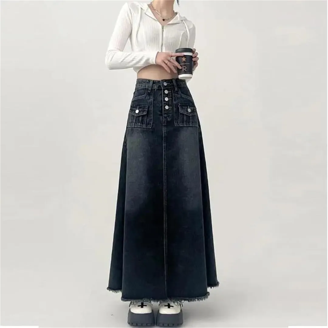 Women's High-Waisted Cargo Denim Skirt Long A-Line Mid-Length Skirt Retro Raw Edge Female Clothing Style Skirt