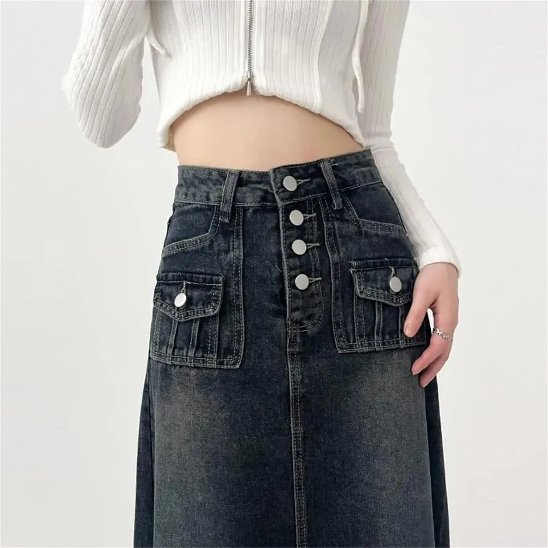 Women's High-Waisted Cargo Denim Skirt Long A-Line Mid-Length Skirt Retro Raw Edge Female Clothing Style Skirt