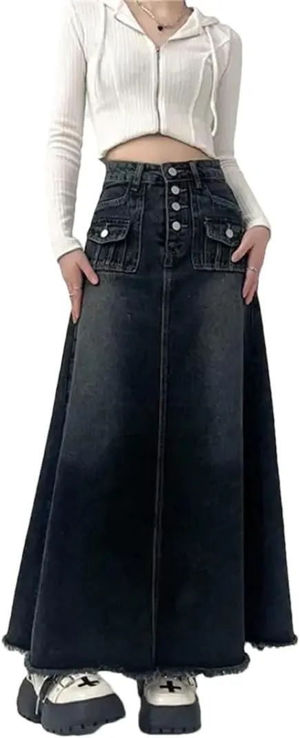 Women's High-Waisted Cargo Denim Skirt Long A-Line Mid-Length Skirt Retro Raw Edge Female Clothing Style Skirt