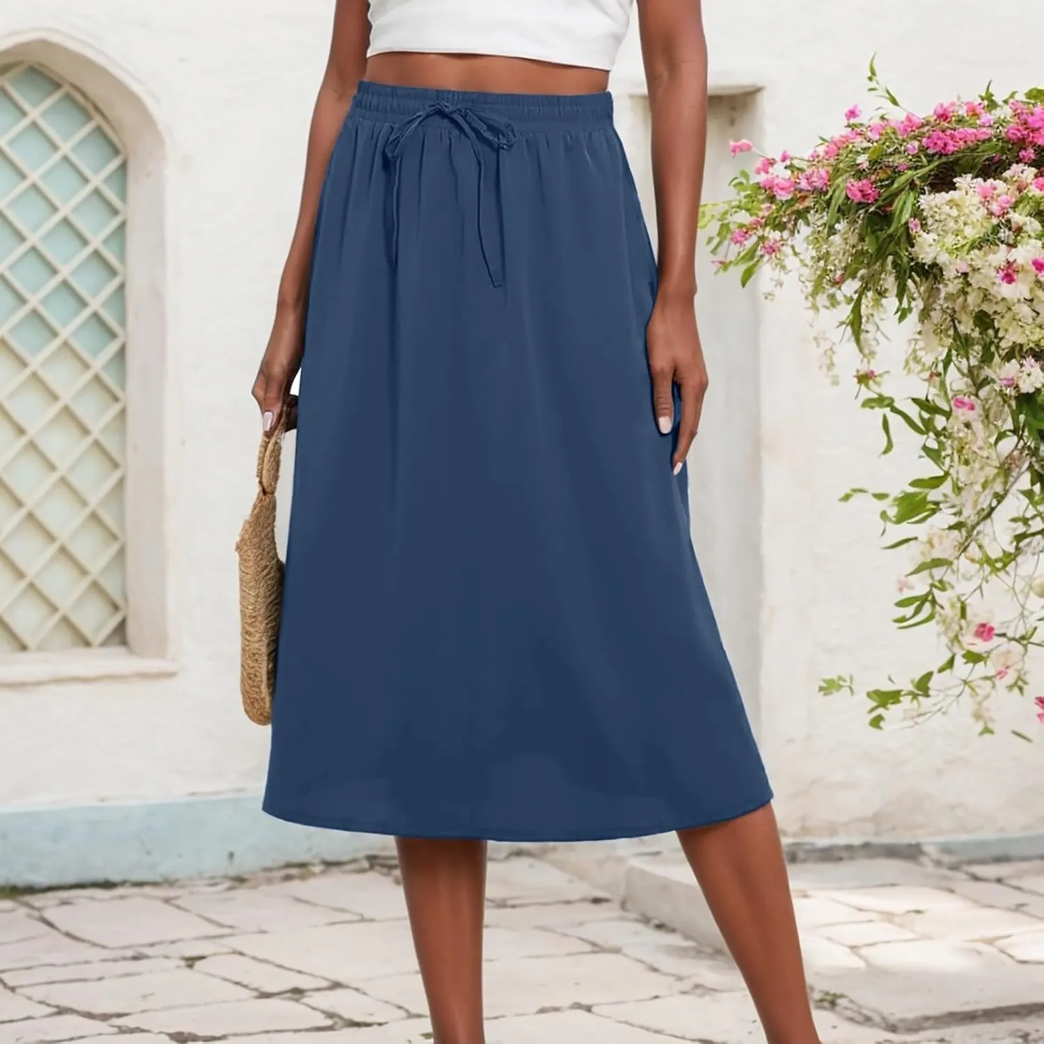 Womens High Waisted Skirts Drawstring Lightweight Casual Baggy Skirt Comfortable Elastic Waisted Skorts with Pockets
