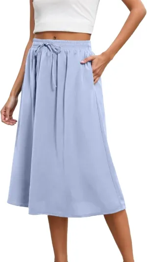Womens High Waisted Skirts Drawstring Lightweight Casual Baggy Skirt Comfortable Elastic Waisted Skorts with Pockets