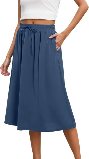 Womens High Waisted Skirts Drawstring Lightweight Casual Baggy Skirt Comfortable Elastic Waisted Skorts with Pockets