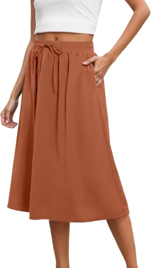Womens High Waisted Skirts Drawstring Lightweight Casual Baggy Skirt Comfortable Elastic Waisted Skorts with Pockets