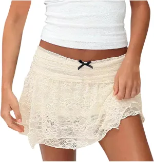 Women's Lace Mini Skirt Y2k Half Slip Skirt Low Rise Pleated Short Skirts Flowy A-line Tiered Skirt Streetwear
