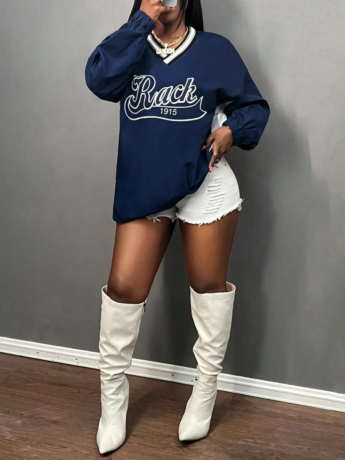 Women's Oversized Graphic Sweatshirts Color Block V Neck Long Sleeve Pullovers Preppy Jersey Tops