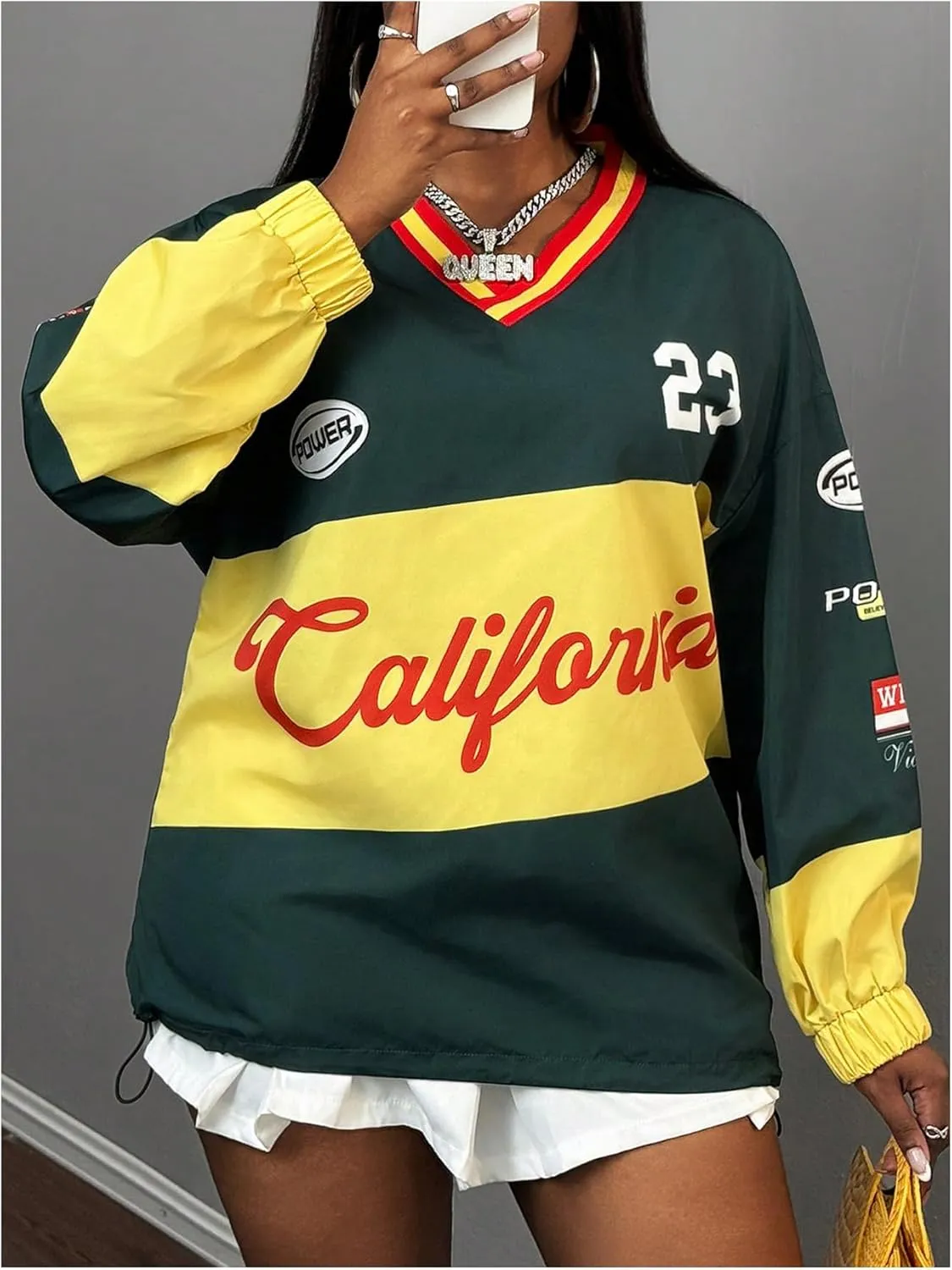 Women's Oversized Graphic Sweatshirts Color Block V Neck Long Sleeve Pullovers Preppy Jersey Tops
