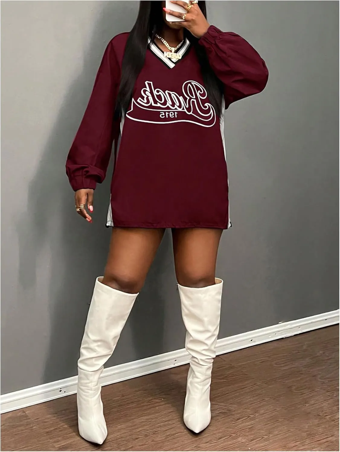 Women's Oversized Graphic Sweatshirts Color Block V Neck Long Sleeve Pullovers Preppy Jersey Tops