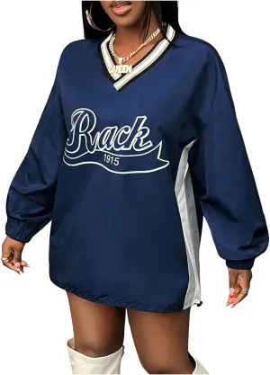 Women's Oversized Graphic Sweatshirts Color Block V Neck Long Sleeve Pullovers Preppy Jersey Tops