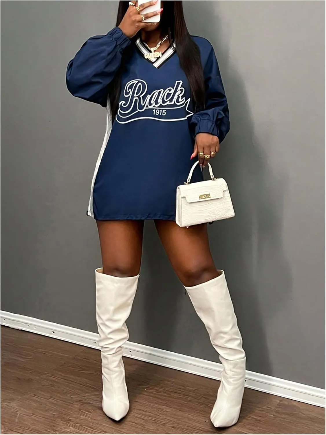 Women's Oversized Graphic Sweatshirts Color Block V Neck Long Sleeve Pullovers Preppy Jersey Tops