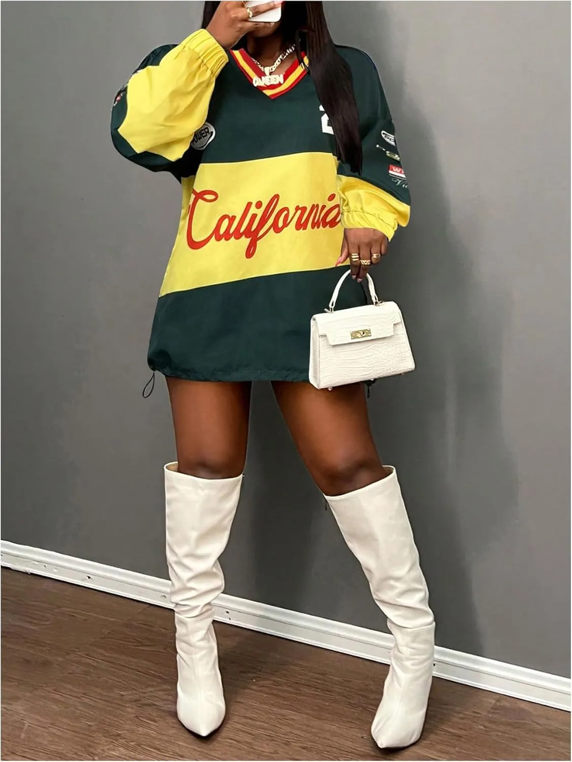 Women's Oversized Graphic Sweatshirts Color Block V Neck Long Sleeve Pullovers Preppy Jersey Tops