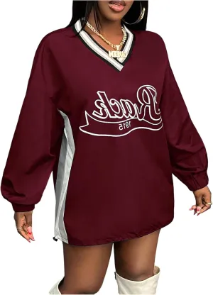 Women's Oversized Graphic Sweatshirts Color Block V Neck Long Sleeve Pullovers Preppy Jersey Tops