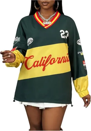 Women's Oversized Graphic Sweatshirts Color Block V Neck Long Sleeve Pullovers Preppy Jersey Tops