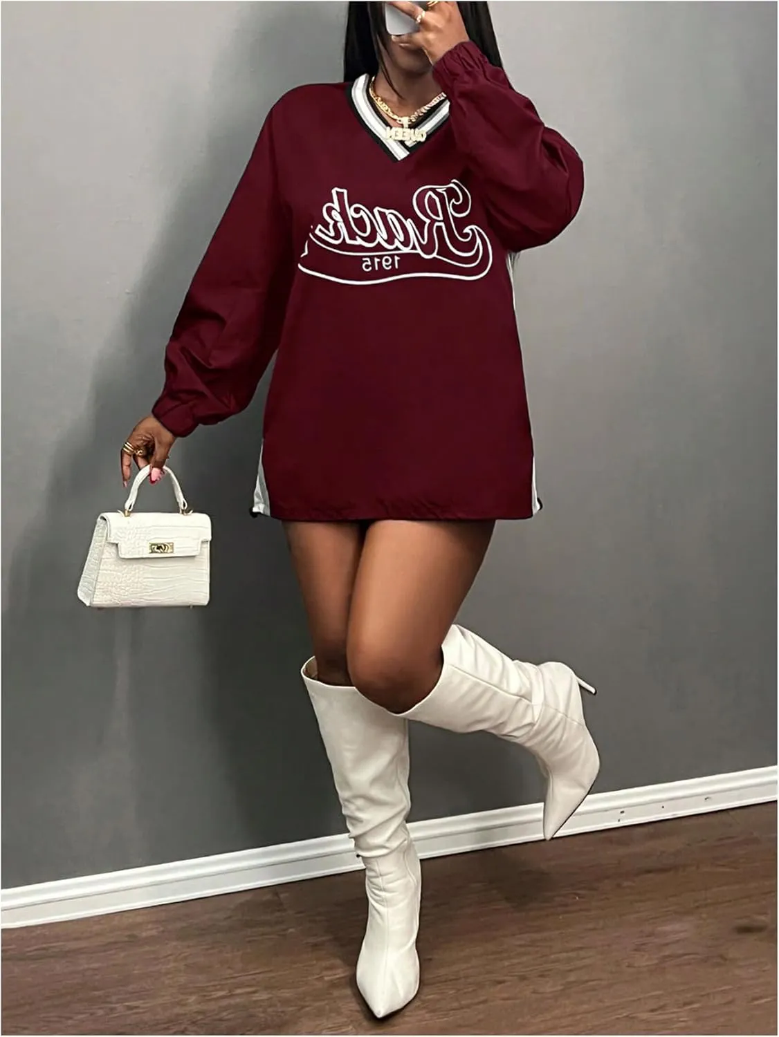 Women's Oversized Graphic Sweatshirts Color Block V Neck Long Sleeve Pullovers Preppy Jersey Tops