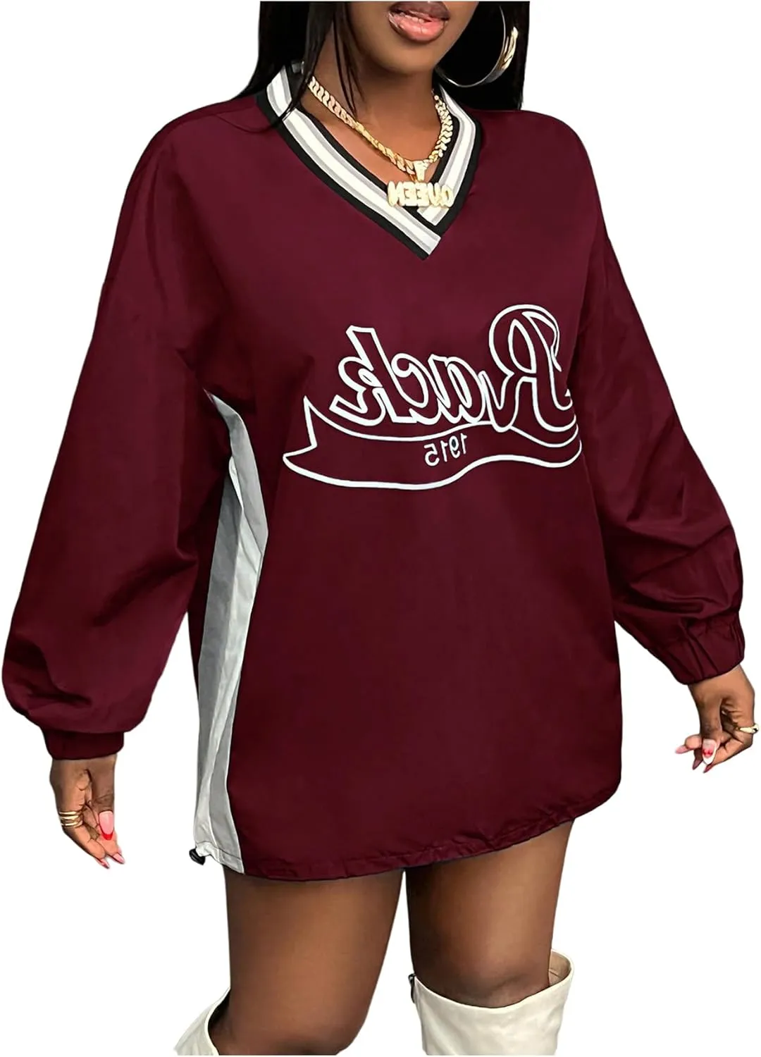 Women's Oversized Graphic Sweatshirts Color Block V Neck Long Sleeve Pullovers Preppy Jersey Tops
