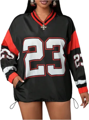 Women's Oversized Graphic Sweatshirts Color Block V Neck Long Sleeve Pullovers Preppy Jersey Tops