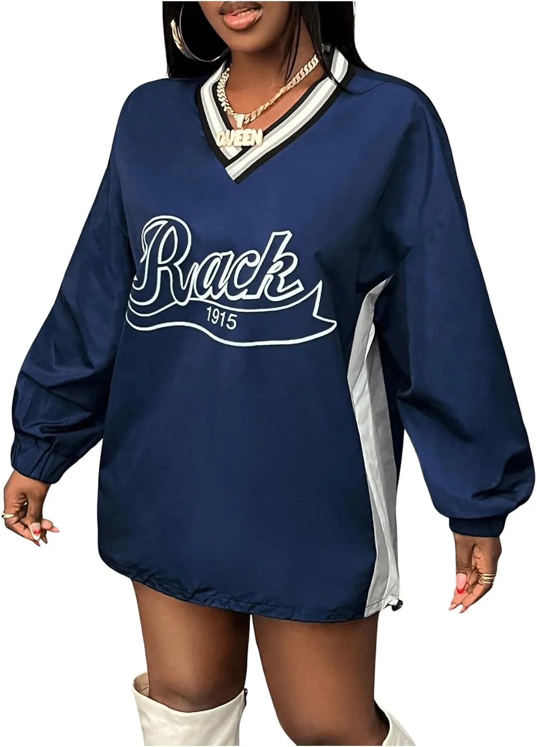 Women's Oversized Graphic Sweatshirts Color Block V Neck Long Sleeve Pullovers Preppy Jersey Tops