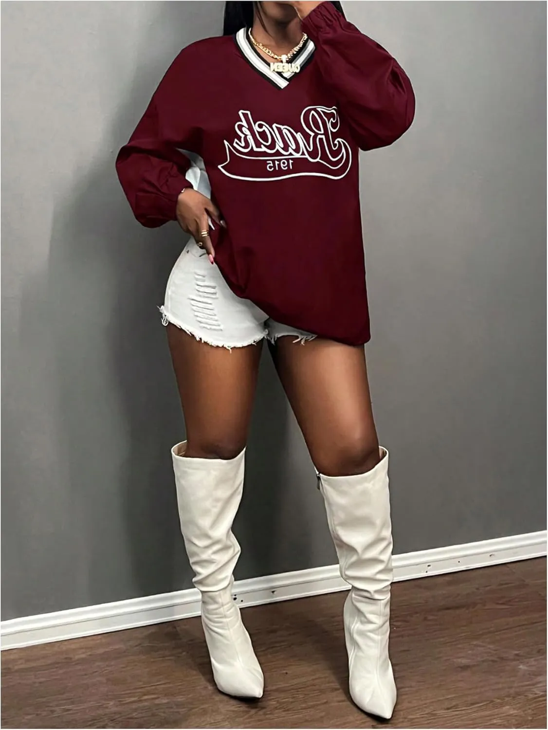 Women's Oversized Graphic Sweatshirts Color Block V Neck Long Sleeve Pullovers Preppy Jersey Tops