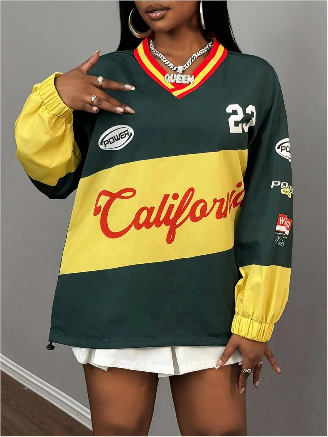 Women's Oversized Graphic Sweatshirts Color Block V Neck Long Sleeve Pullovers Preppy Jersey Tops