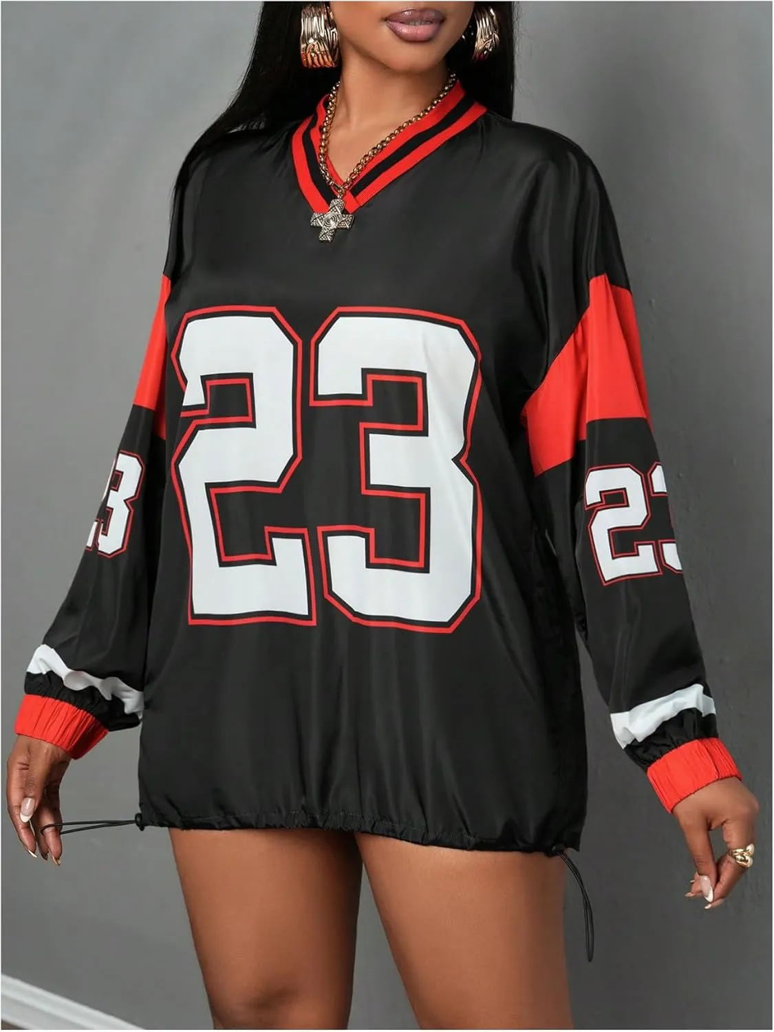 Women's Oversized Graphic Sweatshirts Color Block V Neck Long Sleeve Pullovers Preppy Jersey Tops