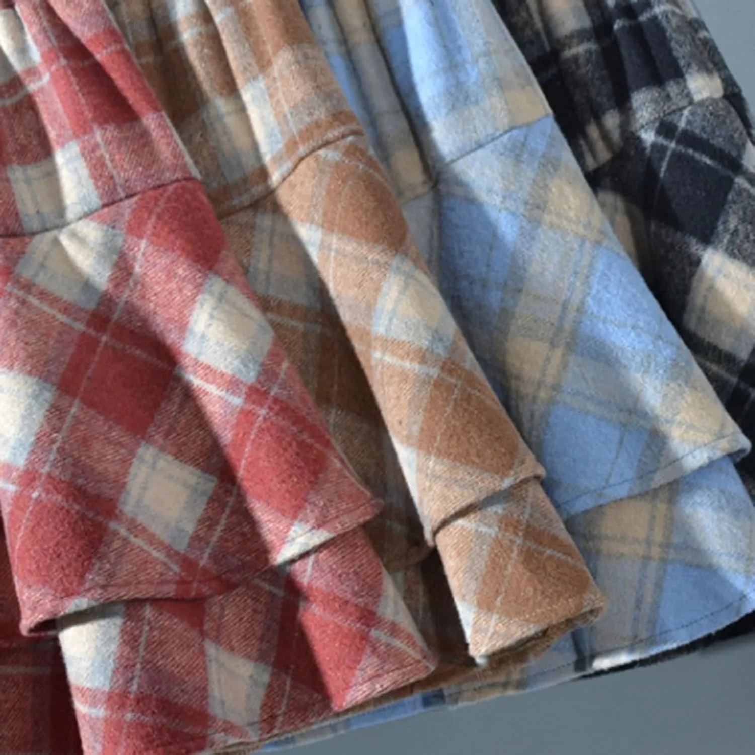 Women's Plaid Skirt Elastic High Waist Wool Skirts Trendy A Line Tiered Ruffle Swing Skirt Casual Loose Long Skirts