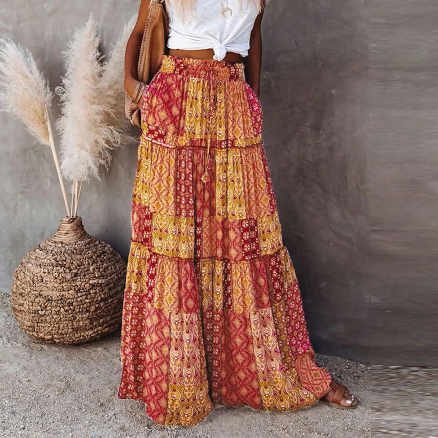 Women's Pleated Skirt Casual Loose Trendy Elastic High Waist Floral Print Boho Sun Beach Long Maxi Skirts, S-2XL