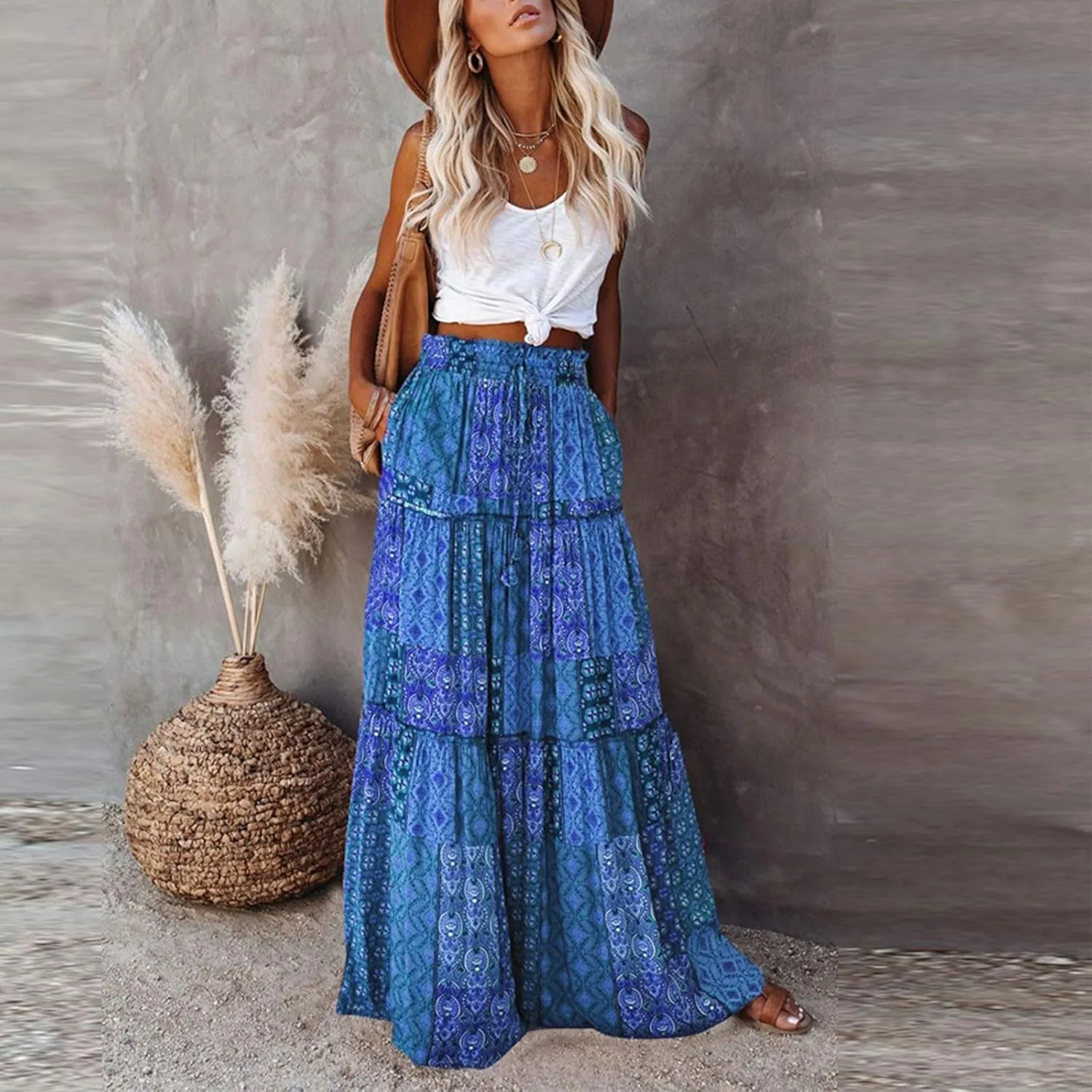 Women's Pleated Skirt Casual Loose Trendy Elastic High Waist Floral Print Boho Sun Beach Long Maxi Skirts, S-2XL