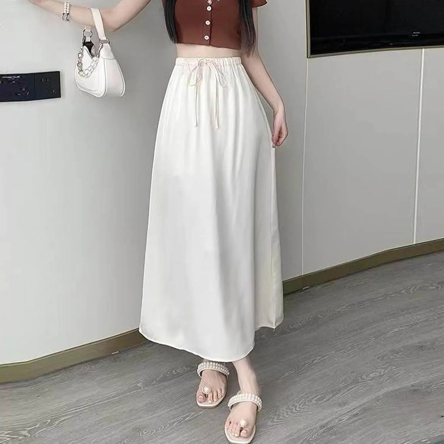 Women's Plus Size Satin Skirts 2025 Fashion Drawstring High Waisted Going Out Skorts Casual Summer Solid Loose Skirt