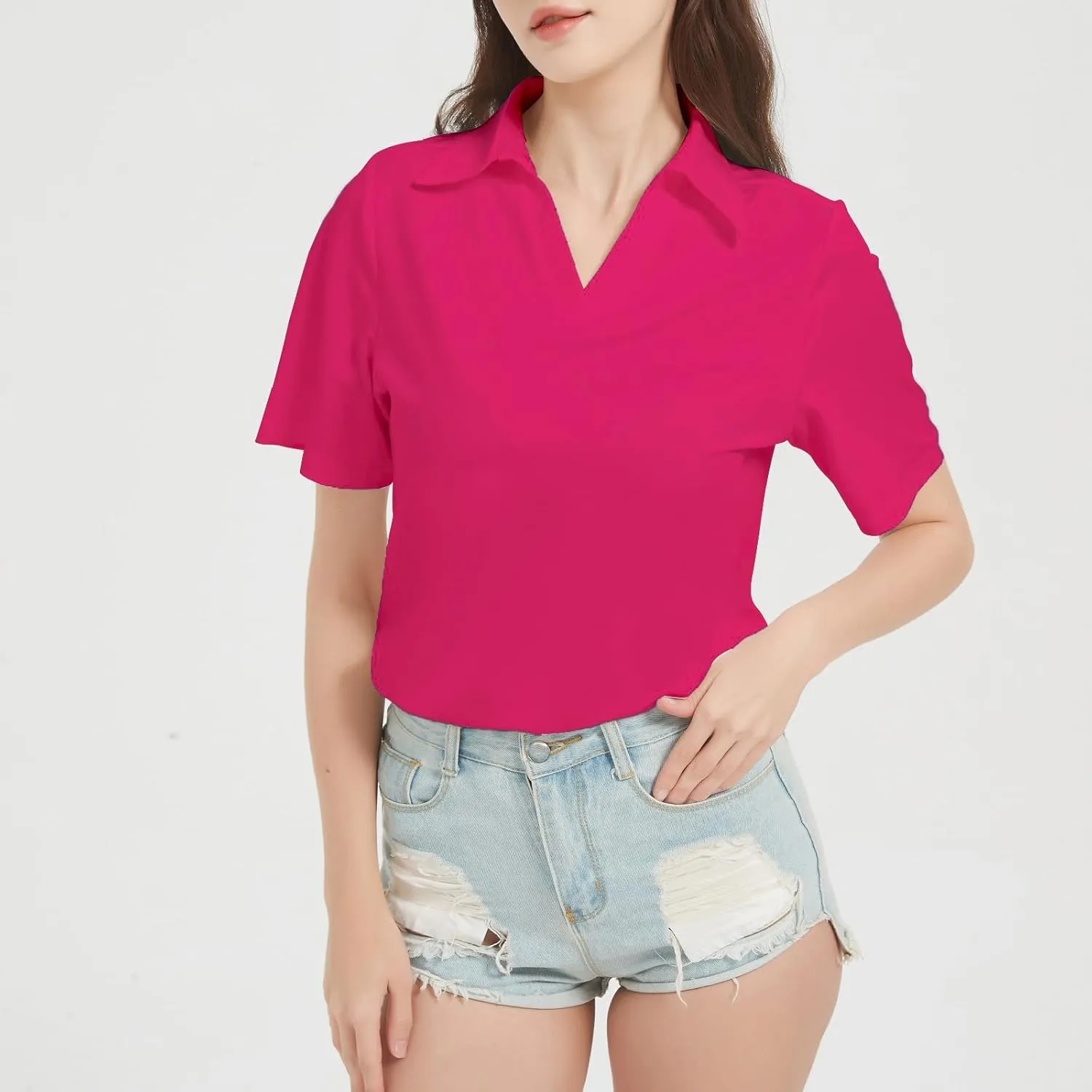Women's Polo Shirts V Neck Short Sleeve Casual Slim Fit Summer Tee Blouses, Quick Dry Golf Shirt for Women